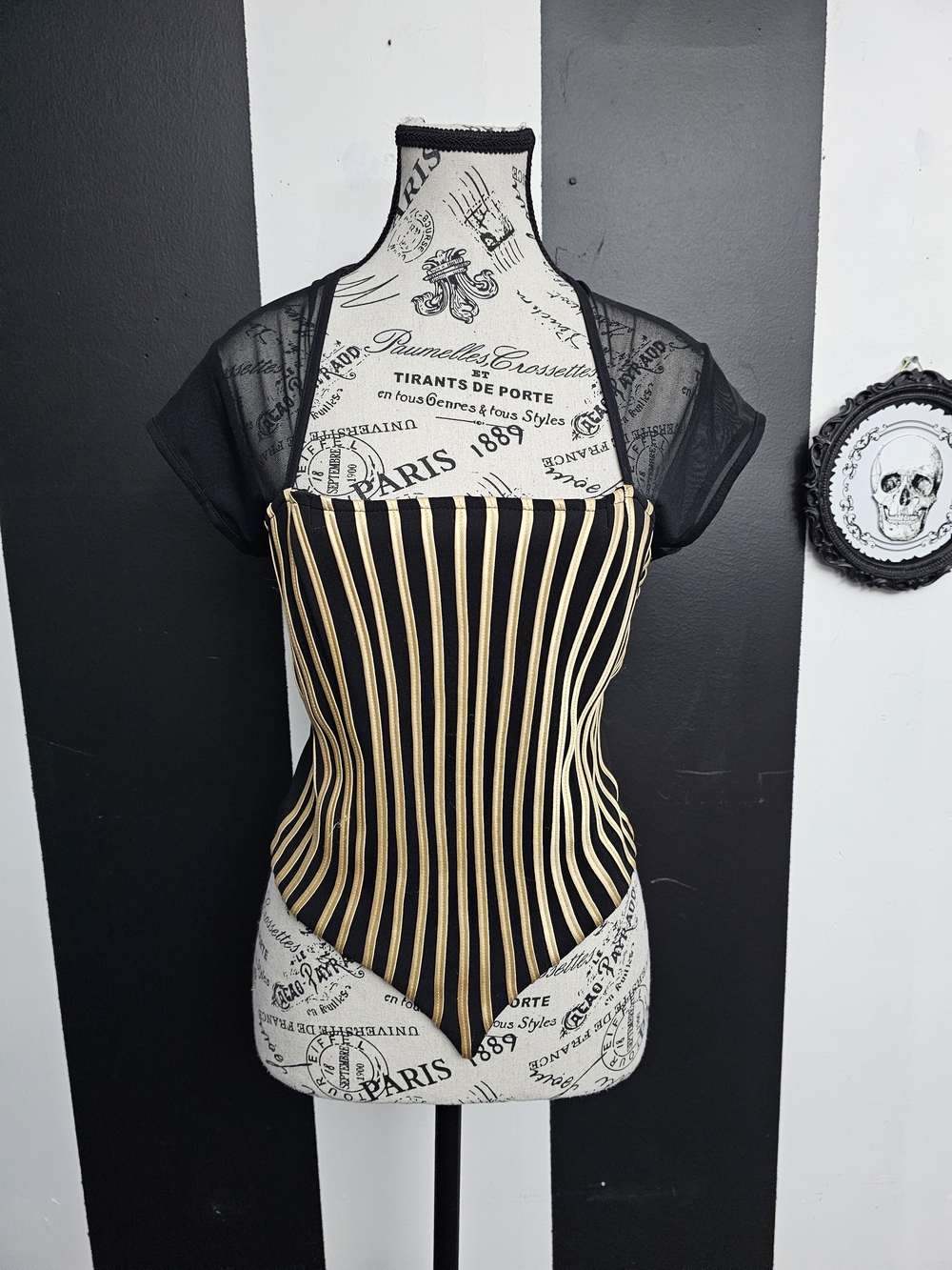 Joseph Ribkoff Black and Gold Striped Short Sleeve Corset Top